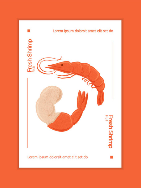 Marisco fresco sabroso, diseño dibujado a mano del cartel del vector del camarón con espacio para el texto. - Vector, imagen