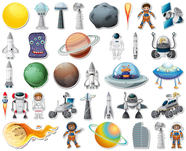 Set di adesivi con oggetti del sistema solare illustrazione isolata - Vettoriali, immagini