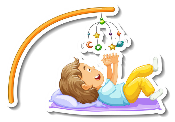 Modèle d'autocollant avec une petite fille jouant bébé mobile illustration isolée - Vecteur, image
