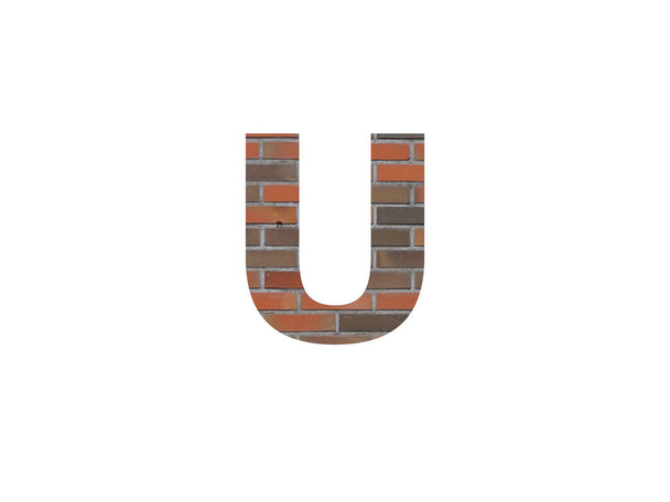písmeno U abecedy s cihlovou zdí, v hnědé, oranžové, červené šedé a izolované na bílém pozadí - Fotografie, Obrázek