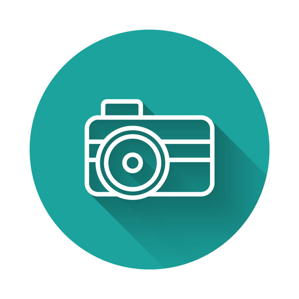 White line Photo camera for diver icon isolated with long shadow background. Foto camera icon. Diving underwater equipment. Green circle button. Vector - Vector, Image