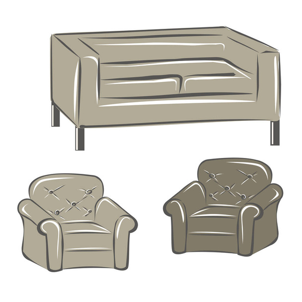A set of armchairs, chairs in a different style. Classic, loft, work chair. Interiors, furniture, design. Isolated vector objects. - Wektor, obraz