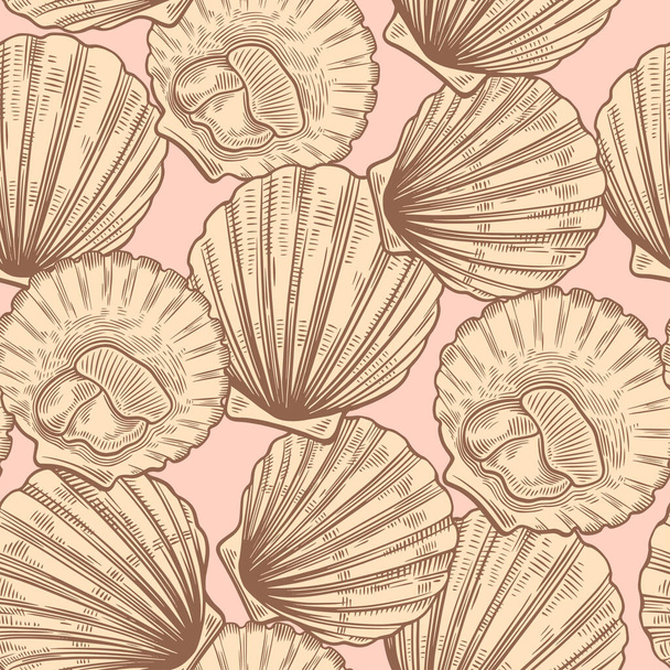 Seamless pattern in line art vintage style with scallops. Sea food texture for wrapping, design, fabric - Вектор,изображение