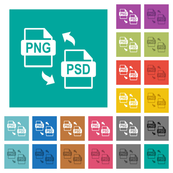 PNG Conversión de archivos PSD iconos planos de varios colores en fondos cuadrados llanos. Incluidas variaciones de iconos blancos y más oscuros para efectos de flotación o activos. - Vector, Imagen