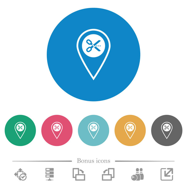 Taglia le icone bianche piatte della posizione GPS su sfondi a colori rotondi. 6 icone bonus incluse. - Vettoriali, immagini