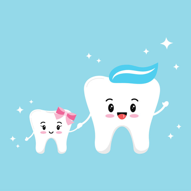 Happy smiling teeth family isolated on blue background. - Vector, afbeelding