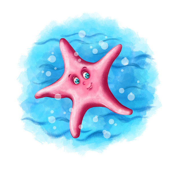 Childrens illustratie van het karakter van een vrolijke roze zeester, in de oceaan in het water drijft tussen de bubbels op een blauwe achtergrond voor kinderspelen of boeken - Foto, afbeelding