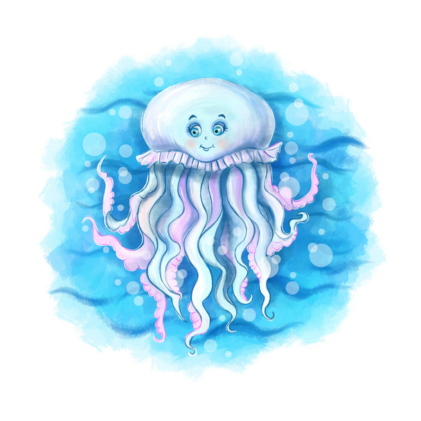 Infantil ilustración del carácter de una alegre medusa blanca, en el océano en el agua flota entre las burbujas sobre un fondo azul para juegos infantiles o libros - Foto, imagen