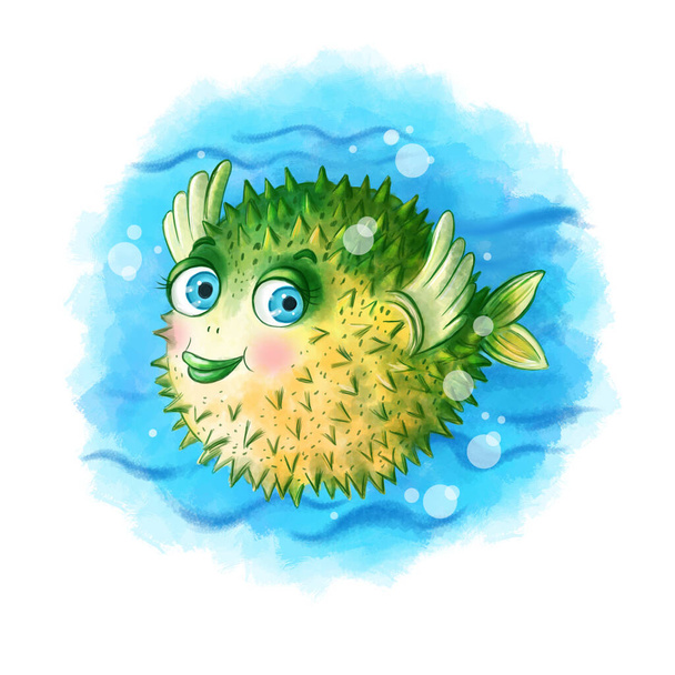Kinderen illustratie van het karakter van een vrolijke groene egel vis, in de oceaan in het water zwemt tussen de bubbels op een blauwe achtergrond voor spelletjes of boeken voor kinderen - Foto, afbeelding