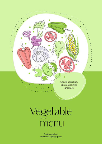 Vegetarian food. Vegetables are drawn with a single line. Continuous line. - Vector, afbeelding