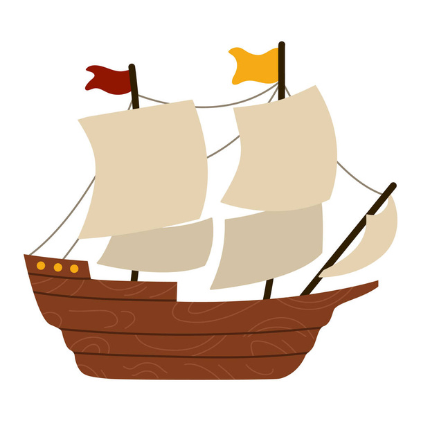 Vector wooden ship with sails isolated on white background. Pilgrim historical boat illustration. Thanksgiving Day icon. First American people transportation - Διάνυσμα, εικόνα