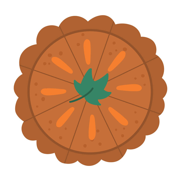 Vektor hagyományos hálaadási sütőtök pite felső nézet. Őszi desszert elszigetelt fehér háttérrel. Aranyos vicces illusztrációja őszi nyaralás étkezés zöld levél - Vektor, kép