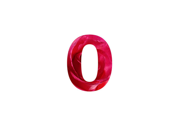 Number 0 of the alphabet made with a photo of a red rose, isolated on a white background - Photo, Image