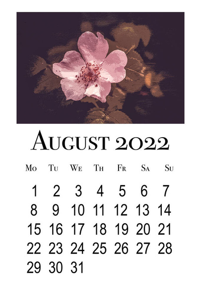 Scheda calendario stampabile per agosto 2022. Calendario botanico. - Foto, immagini