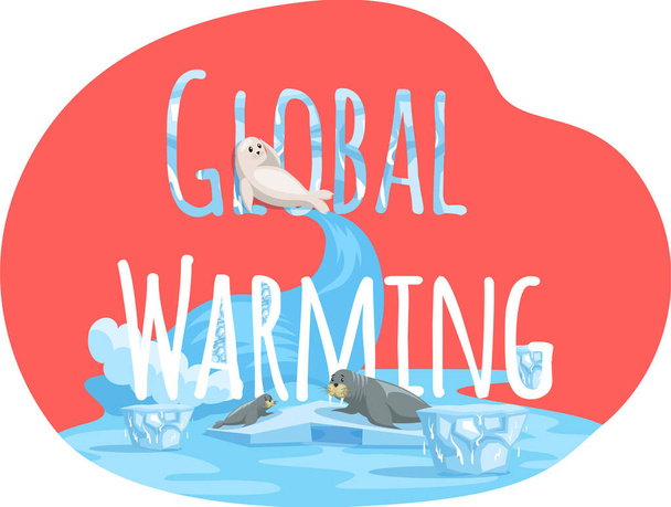 Inscription global warming on red background. Seal and walruses near letters during glaciers melting - Vetor, Imagem
