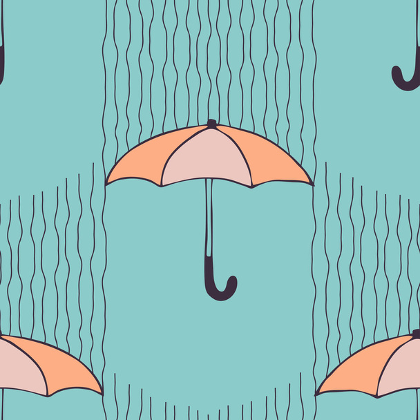 Бесшовный векторный рисунок с зонтиками на синем фоне. Простой дизайн обоев погоды. Декоративно-винтажный текстиль. - Вектор,изображение