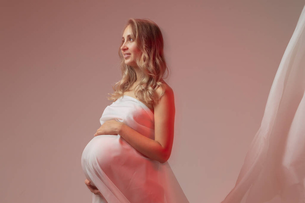 Elegant pregnant young woman standing wearing light fabric. Pregnancy, fantasy and fairy tale concept. - Foto, Bild
