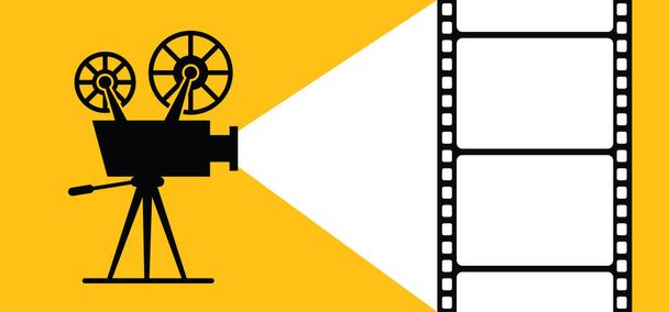 Old retro movie and film, background in flat style. Theater screen, premiere signs. Cinema camer film projector, flat concept icon. Template for poster, banner or wallpaper. Video filmstrip. - Photo, Image