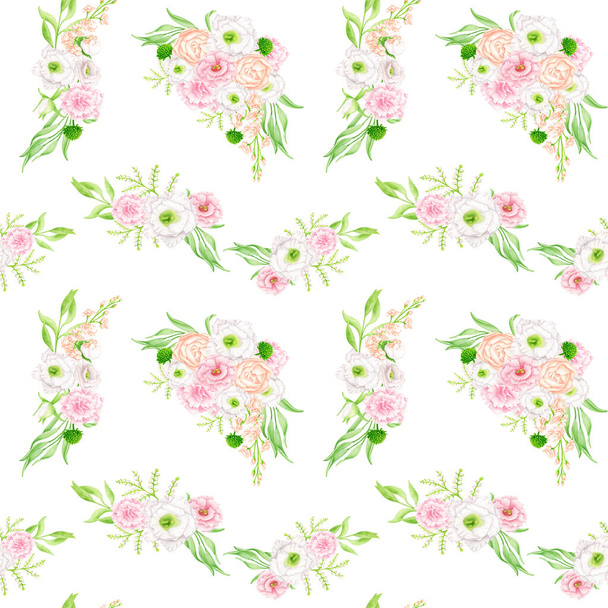 Watercolor floral seamless pattern. Hand drawn elegant bouquets isolated on white. Blush flowers and greenery repeated background. Botanical print for wallpaper, wrapping, scrapbook - Photo, Image