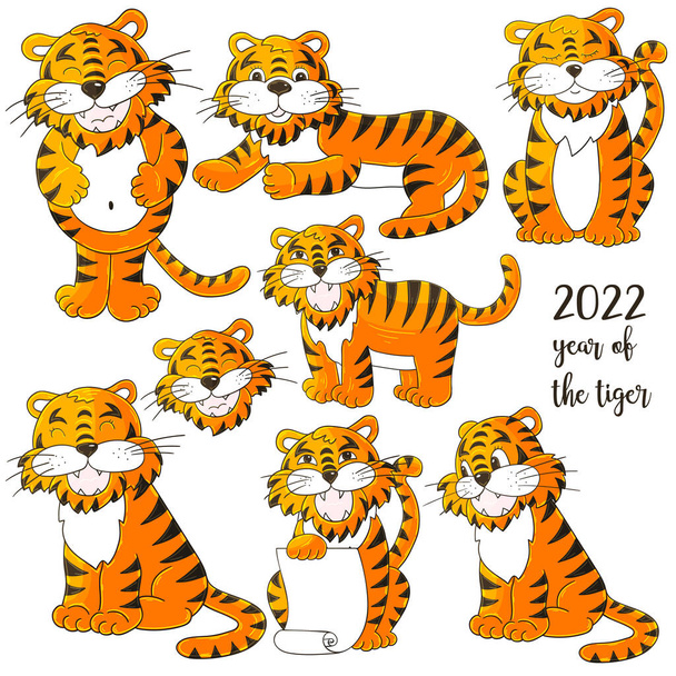 Simbolo del 2022. Set di tigri in mano disegnare stile. Volti di tigre. Capodanno 2022. Raccolta di simpatiche illustrazioni vettoriali - Vettoriali, immagini
