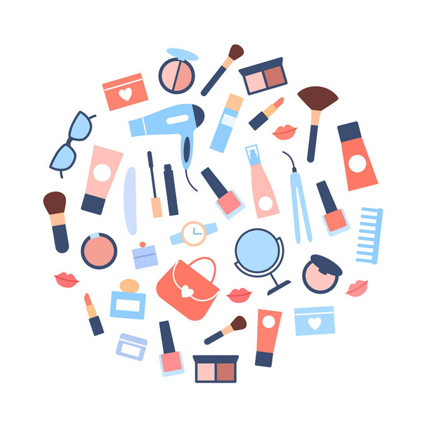 Flat beauty products circle concept. Woman accessories icons on white background. Girl treatment nature cosmetics skin care bottle lipstick brush glasses collection. Minimal design vector illustration - ベクター画像