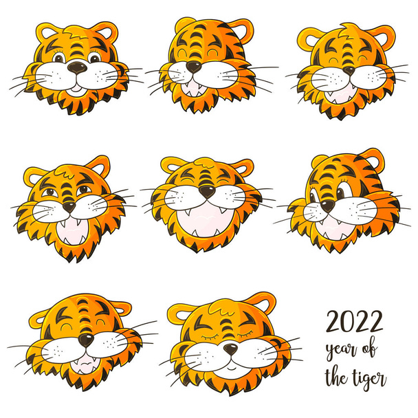 Kasvot tiikereitä. Vuoden 2022 symboli. Joukko tiikereitä kädessä piirtää tyyli. Uusi vuosi 2022. Söpöjen vektorikuvien kokoelma - Vektori, kuva