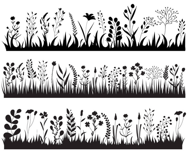 vector, geïsoleerd, silhouet gras planten, bloemen, set - Vector, afbeelding