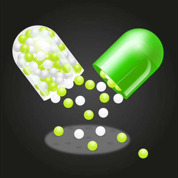 Green cut capsule with black background - Vector, Image