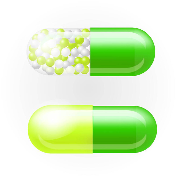 Зеленый и прозрачный таблетки с белым фоном  - Вектор,изображение