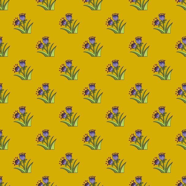 ブルーベルの花のシルエットのプリントと夏のスタイルシームレスパターン。黄色の淡い背景。包装紙や布のテクスチャのためのグラフィックデザイン。ベクターイラスト. - ベクター画像