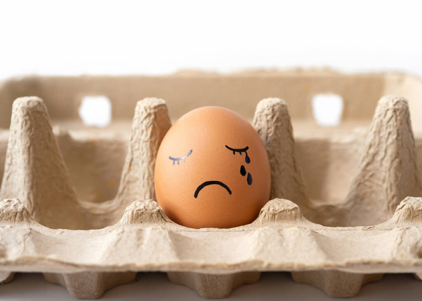 Sad crying brown Egg in paper carton box. Creative emotion face character shell painted isolated on white background. - Foto, Bild