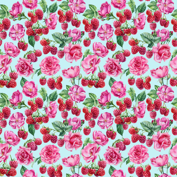 シームレスなパターン、ベリーの背景、ラズベリーとバラの花の枝、水彩植物のイラスト - 写真・画像