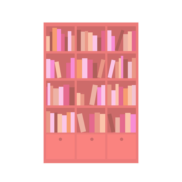 Puinen kaappi hyllyt ja kirjat. Kotikirjasto. Vektori eristetty tasainen kuva - Vektori, kuva