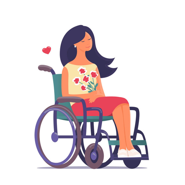 車椅子の若い美しい女性。花の花束を提示の手で。恋の幸せな顔。障害者の生活。ベクトル漫画分離イラスト - ベクター画像