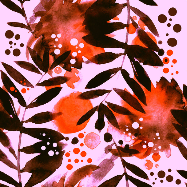 Floral απλό αφελές σύγχρονο αδιάλειπτη μοτίβο με αφηρημένα φύλλα, λουλούδια και σχήματα. Εικόνα ζωγραφισμένη στο χέρι με υδατογραφία, κηλίδες και πιτσιλιές. Μικτά έργα τέχνης. Ατελείωτο μοτίβο.  - Φωτογραφία, εικόνα
