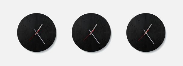 Stylish black round clock on a white wall. Time on the wall as an element of the interior. Simple modern round clock on white wall - 写真・画像