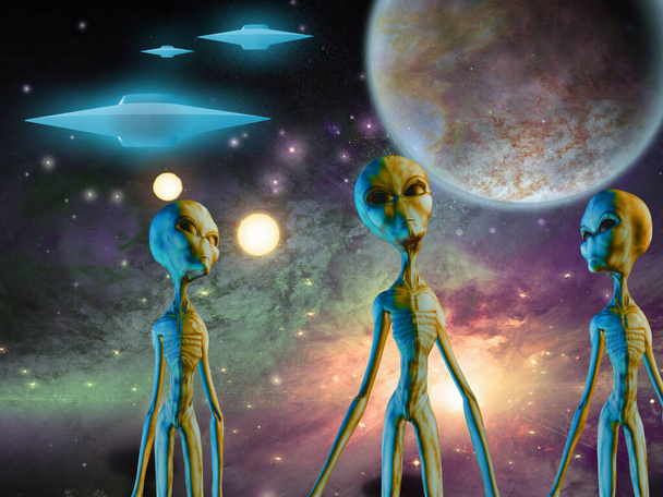 Aliens and spacecrafts. 3D rendering - Foto, Imagen