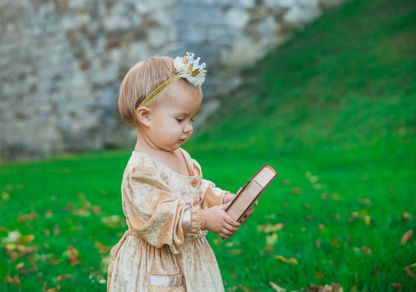 Başında taç olan prenses kostümlü sevimli bebek tahta bir kutu taşıyor. - Fotoğraf, Görsel
