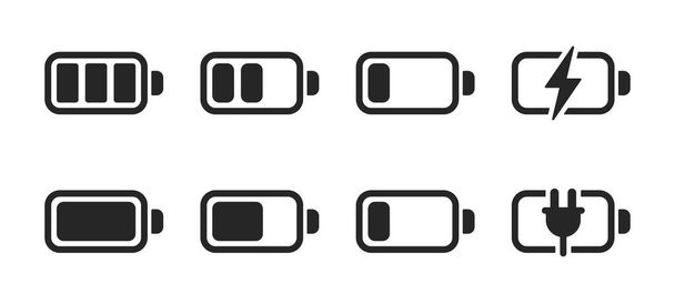 Значок индикатора заряда батареи устанавливает разный уровень заряда для мобильного телефона с символом пользовательского интерфейса, знаки заряда аккумулятора. Понятие мощности, энергии, нагрузки, полной, нагрузки, пустой, прогресс. Векторная иллюстрация - Вектор,изображение