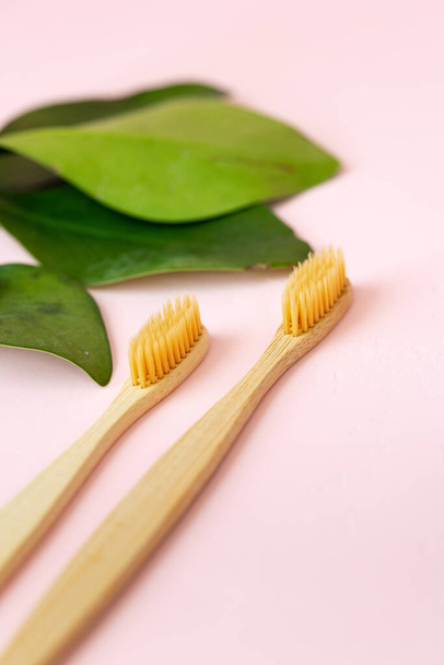 daily human hygiene, cotton swabs and cotton pads, a womans hand holding bamboo toothbrushes on a pink background in a glass or against a background of plants - Fotoğraf, Görsel