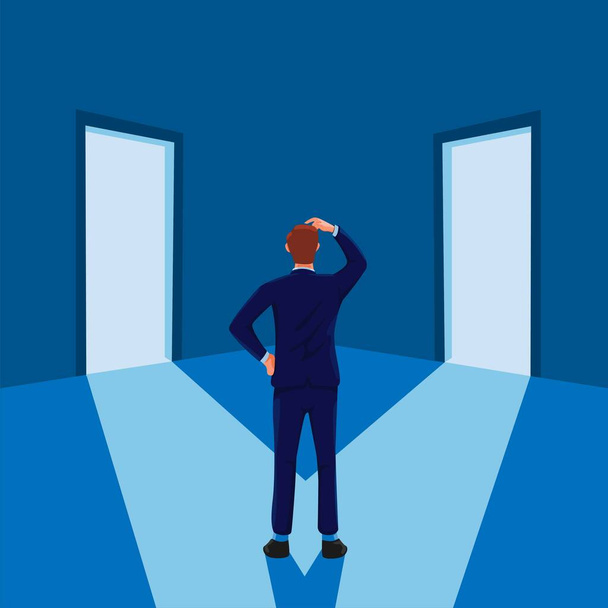 Homem de pé confuso na frente de duas portas. empresário carreira decisão símbolo ilustração vetor - Vetor, Imagem