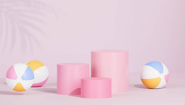 Růžové podium nebo podstavce pro výrobky nebo reklama na tropickém pozadí s plážovými míčky, 3D vykreslování - Fotografie, Obrázek