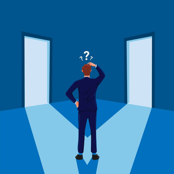 Man standing confused in front of two doors. businessman career decision symbol illustration vector - Vector, Image
