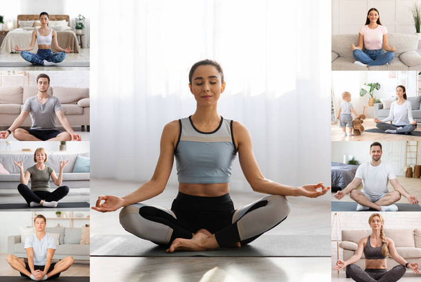 Různí lidé cvičí jógu doma prostřednictvím webové konference na počítači, Screenshot - Fotografie, Obrázek