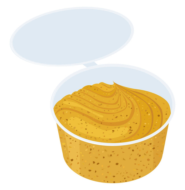 Mustard sauce in small plastic bowl on white background, delicious cartoon food condiment. Vector illustration. - Vektori, kuva