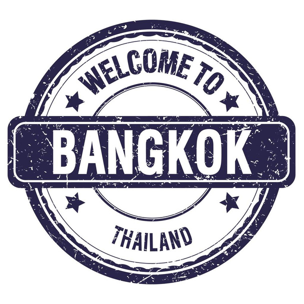 BENVENUTI A BANGKOK - THAILANDIA, parole scritte sul francobollo blu - Foto, immagini
