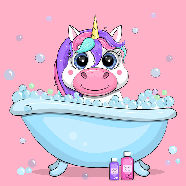 Une jolie licorne de dessin animé prend un bain. Illustration vectorielle sur fond rose avec bulles. - Vecteur, image