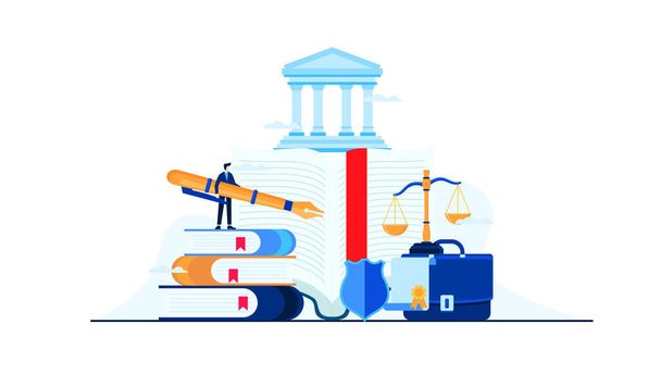 Hukuki yargı vektörü illüstrasyon konsepti şablonu sunum web banner UI UX iniş sayfası için kullanılabilir - Vektör, Görsel