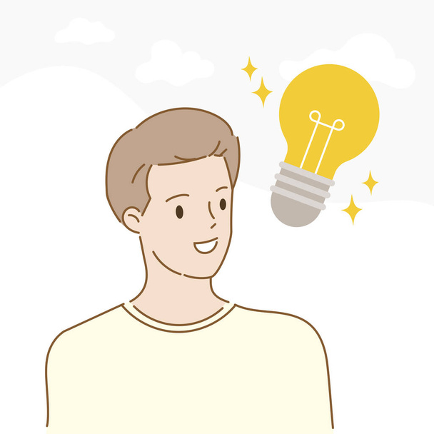 Young man think creative idea with light bulb. Concept of innovative ideas, creative thought, creativity and imagination. Hand draw style. Vector illustration. - Vector, Image