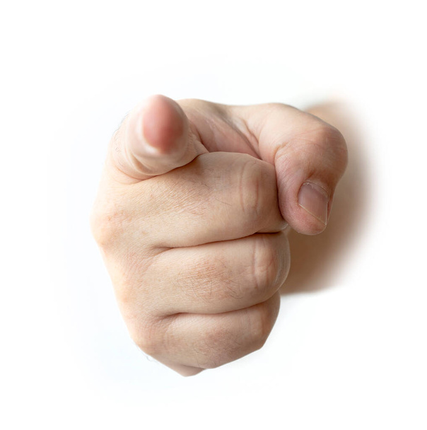 Hand with your index finger pointing at you or forward. White background - Photo, Image